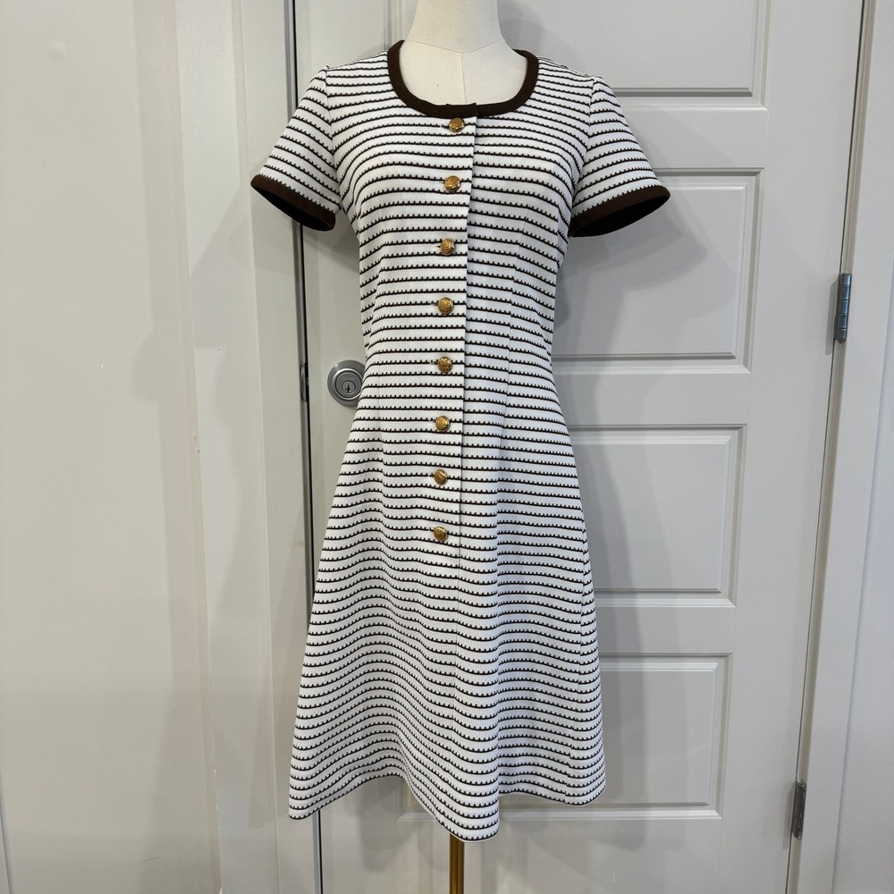 Vintage David Crystal Knit Dress‎ Gold Button Striped Short Sleeve Size Small?